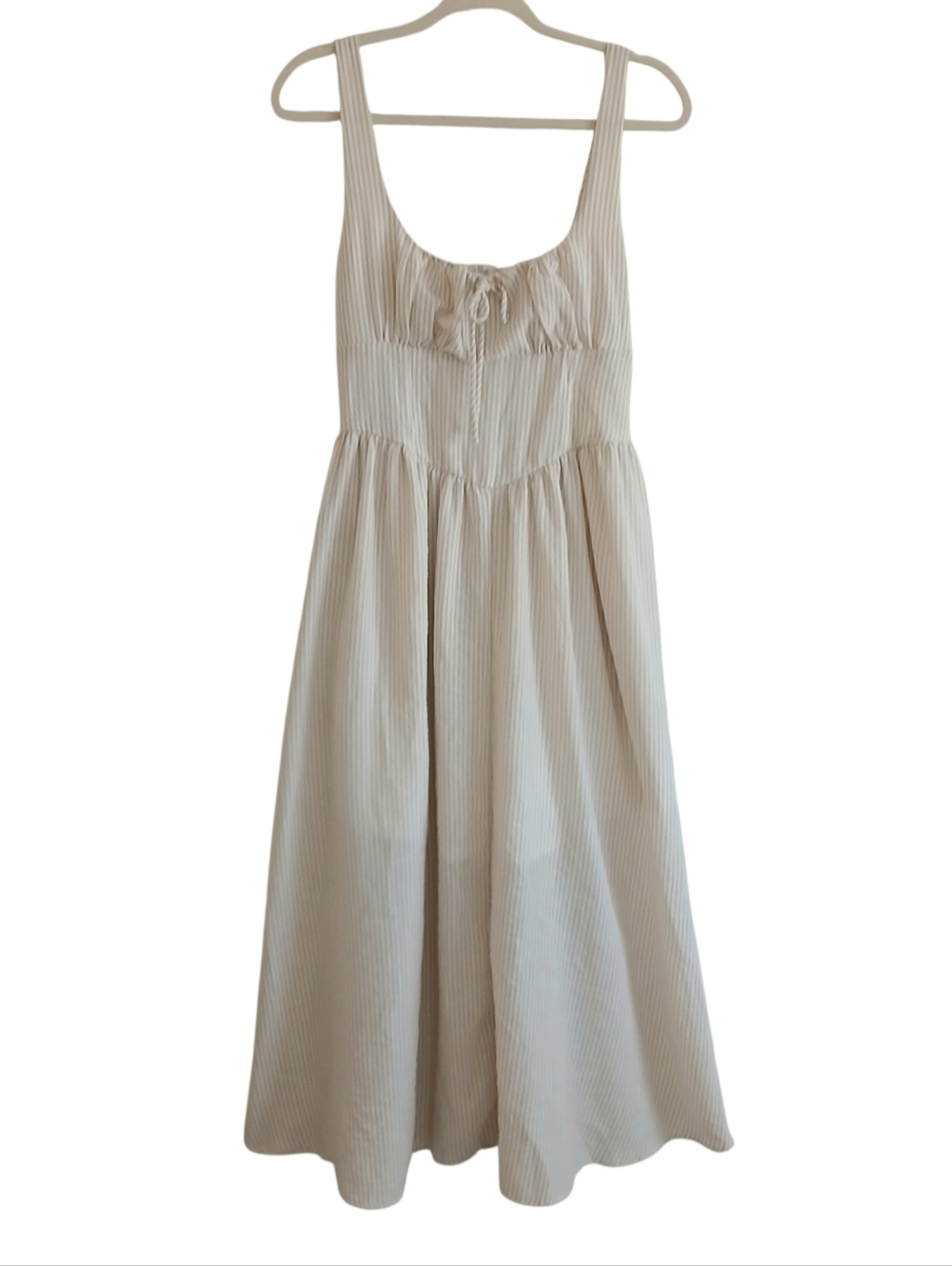 BASQUE WAIST Milkmaid Seersucker Midi Dress Women's M Pockets Lined Smocked Back